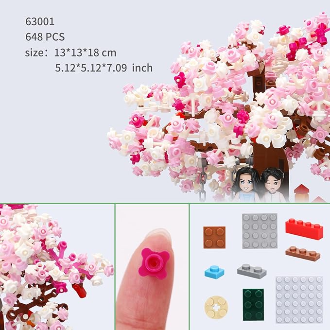 Small Bricks Cherry Blossom Tree Building Set Building Block Kit Sakura Bonsai DIY Toy Potted Plant Tree Regular Particle Simulation Flower Botanical Collection Construction Toy 648 Pcs 63001