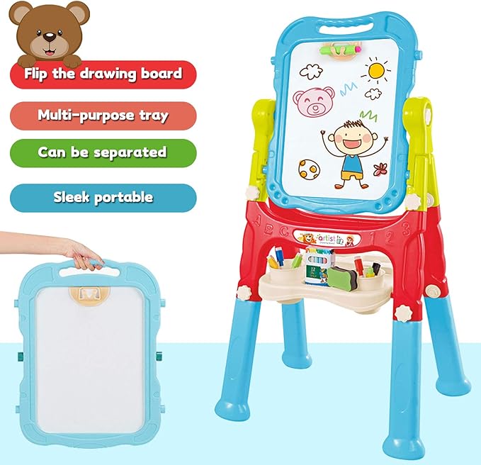 Easel for Kids,Rotatable Double Sided Adjustable Standing Art Easel with Painting Accessories for Toddlers Boys and Girls-Blue