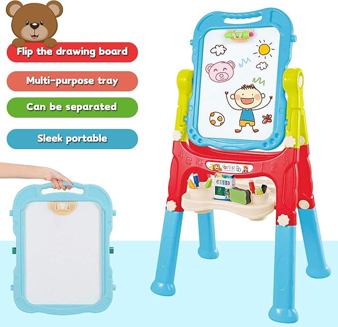 Easel for Kids,Rotatable Double Sided Adjustable Standing Art Easel with Painting Accessories for Toddlers Boys and Girls-Blue