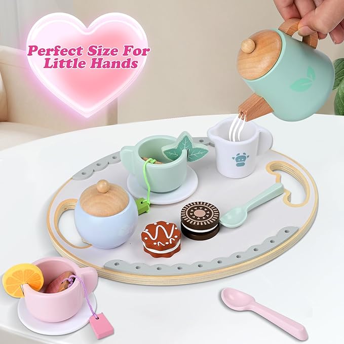 Toy Tea Party Set for Toddlers Girl,Wooden Tea Set Toys for 3-4-7 Year Old Girls ,Play Food Pretend Play for Toddlers…