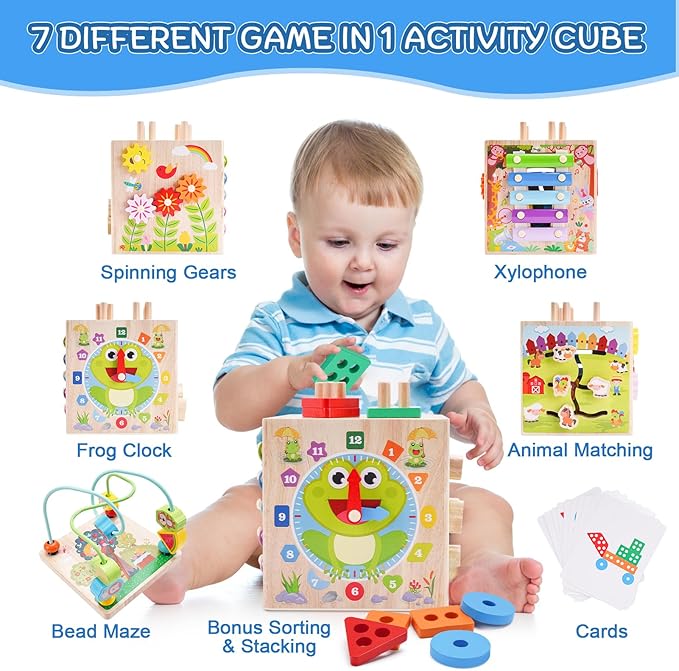 Wooden Activity Cube | Montessori Toys for 1 2 3 Year Old Toddlers | One Year Old 1st First Birthday Gift | Educational Toys for 12+ Months Baby Boys Girls | Bonus Sorting & Stacking Game (Pink)