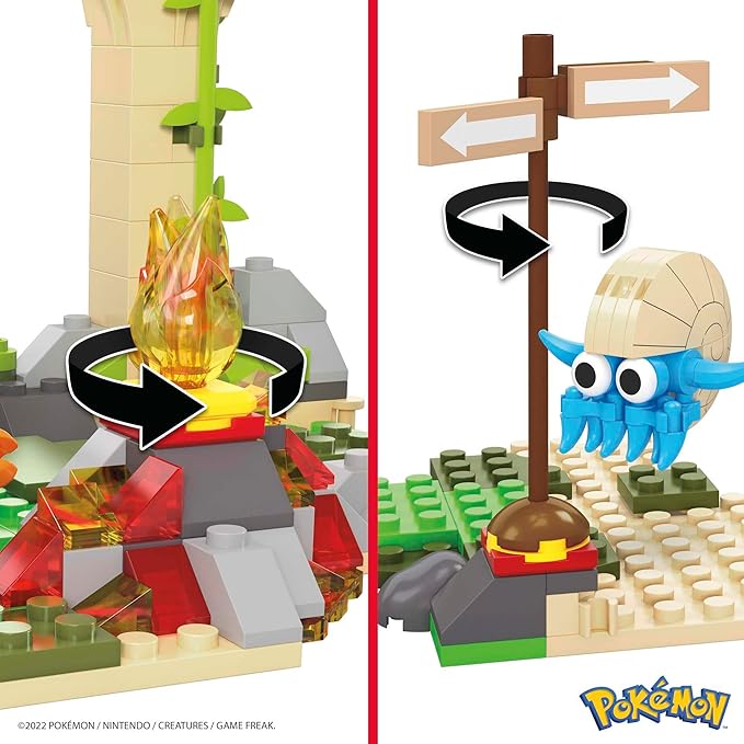 Mega Pokemon Action Figure Building Toy, Jungle Ruins with 464 Pieces, Motion and 3 Characters, Cubone Charmander Omanyte, Gift Idea for Kids