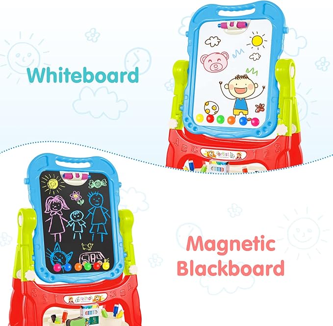 Amagoing Easel for Kids, Adjustable Standing Art Easel for Toddler, Double Magnetic Drawing Board with Painting Accessories, Gift for Little Boys and Girls Age 3 4 5, Blue