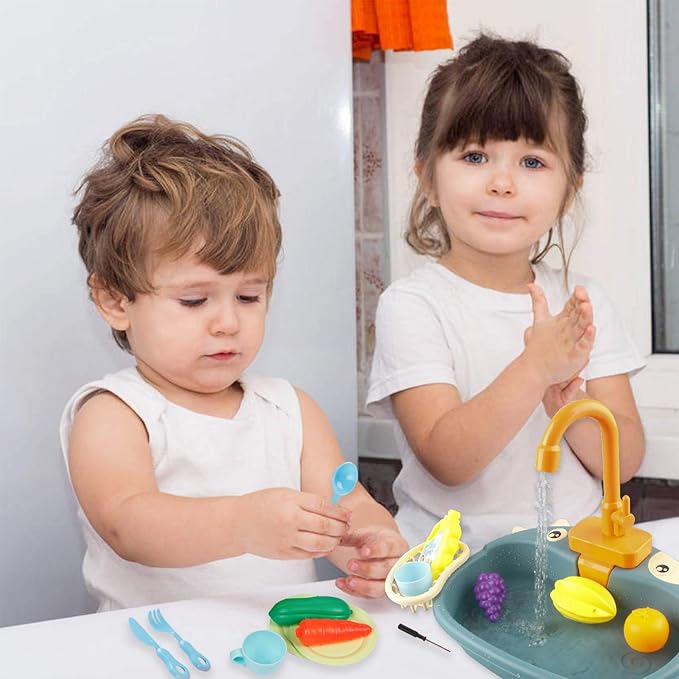 Ruibytree Play Kitchen Sink Toy, Water Toys for Kids with Electronic Dishwasher, Pretend Play Utensils Accessories and Play Cutting Food for Boys and Girls (Cute Cows)