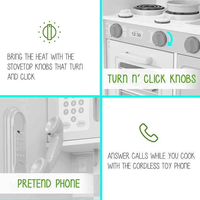 Lil' Jumbl Kids Kitchen Set, Pretend Wooden Play Kitchen with Chalk Board, Play Phone, Towel Rack & Ice Dispenser, Clicking Knobs, Pots & Utensils Included - White