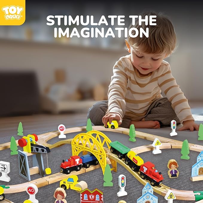 TOY Life Train Set 60pcs Wooden Train Set with Crane, Wooden Train Tracks Toy Train Set for Toddlers 3 4 5, Wooden Toys Toddler Train Set Gift for Kids 4-8, Fits Thomas Brio Melisa Train Track Set