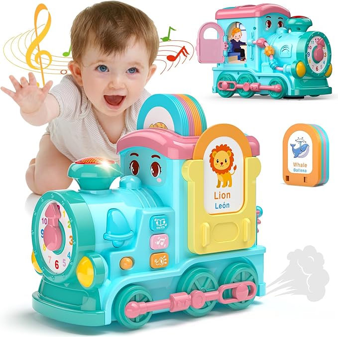 Hot Bee Talking Flash Cards for Toddlers,Learning Toys for 1 2 3 4 5 6 Year Old Boys,Montessori Toys,24-in-1 Multi Musical Train withTalking Flash Cards,Crawling,Learning, Motor Skills
