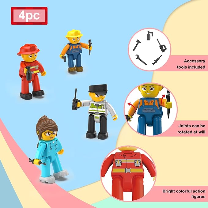 Picasso Toys Magnetic Action Figures 4 Piece City Builder Character for Magnet Building Block Tiles Expansion Pack Construction Toddler Toy Educational STEM Learning Pretend Playset Age 3 and up PTA18