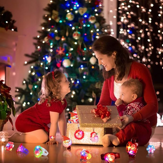 Atonofun Christmas Party Favors for Kids Light Up Christmas Gift Flash Rings Necklaces Bracelets 42 Pack Christmas LED Toys Glow in the Dark Christmas Party Supplies for Christmas Stocking Stuffers