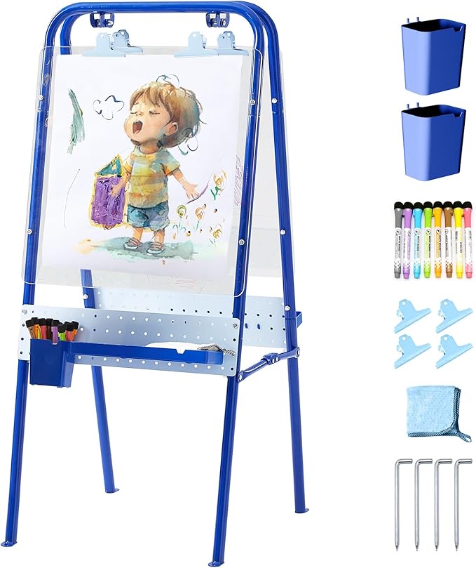 FUNLIO Foldable Outdoor Easel for Kids Aged 3+, Double-Sided Kids Easel with 2 Acrylic Boards & 21 pcs Accessories, Waterproof & Sunproof Art Easel for Kids, Portable & Stable - Blue