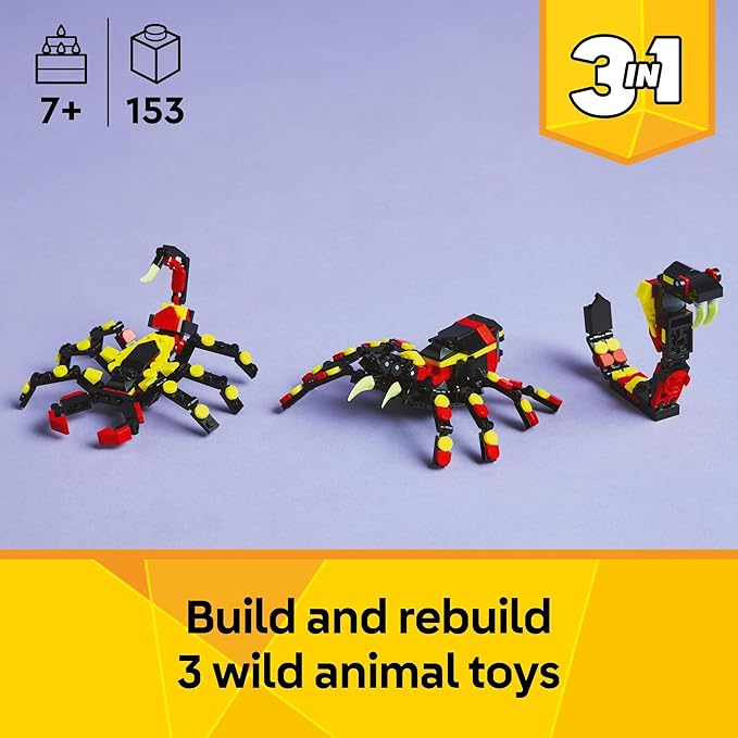LEGO Creator 3 in 1 Wild Animals Surprising Spider Toy - Building Toy with 3 Build Options, Spider, Scorpion, or Snake - Animal Figures for Kids, Boys & Girls, Ages 7+ - Gift Idea for Birthday - 31159