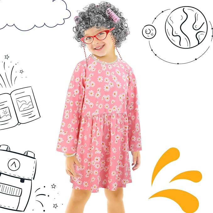 Old Lady Costume Kit Include Wig Floral Skirt Bucket Bag Glasses&Chain Cane for Halloween Granny Cosplay