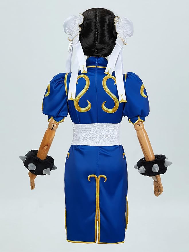 Street Fighter Officially Licensed Girl’s Chun Li Cosplay Costume Cheongsam for Age 3+,Socks, Bracelets, Hair ties