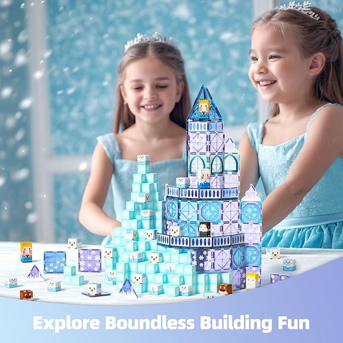 GobiDex 102PCS 2-in-1 Magnetic Tiles Blocks Frozen Toys for Girls, Princess Frozen Castle Magnet Building Blocks for Toddlers Kids, Build with MagWonder STEM Toys, 3+ Years Old Girls Birthday Gifts