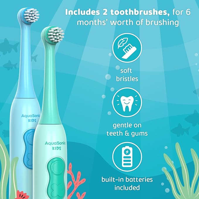 Aquasonic Kids Electric Toothbrush Set for Ages 3+ | Soft Bristles, Oscillating Brush Head, Built-in Battery | Aquarium Adventures