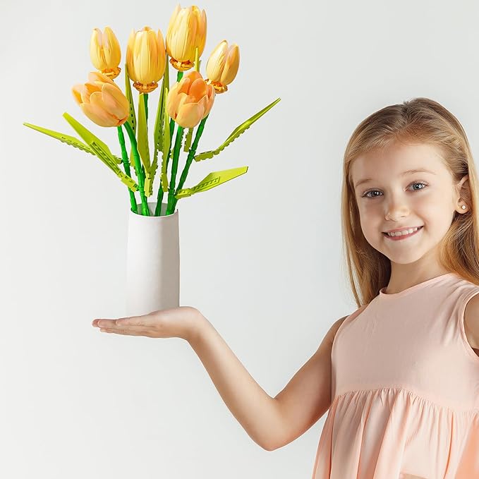 Flower Bouquet Building Toy Set Tulips, Botanical Building Blocks for Adults Home Office Decor Orange Color