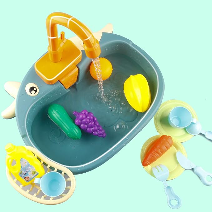 Ruibytree Play Kitchen Sink Toy, Water Toys for Kids with Electronic Dishwasher, Pretend Play Utensils Accessories and Play Cutting Food for Boys and Girls (Cute Cows)