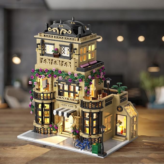 City Cafe Building Block Set, Coffee Shop City Street House Construction Toy for Adult & Teens 14+,1413pcs Mini Bricks with LED (Not Compatible with Lego)