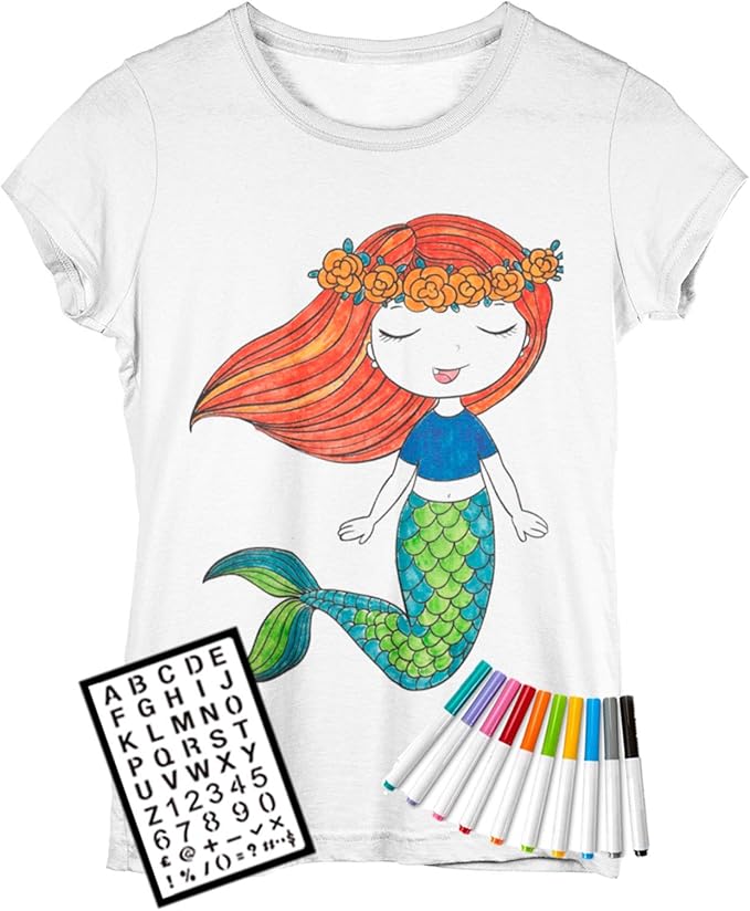 Coloring Shirt for Girls - Kit with 10 Fabric Markers and Alphabet Stencil (Mermaid, 8/9)