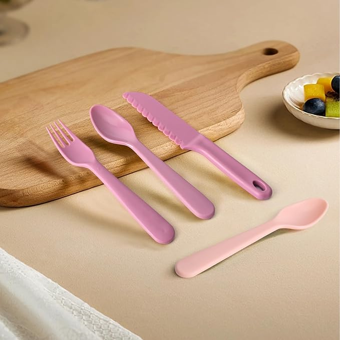 Kids Cutlery Set, 12pcs Plastic Utensils for Toddlers Real Cooking, Reusable Flatware Set with Nylon Serrated Knives, Fork and Spoon for Camping, Party, School Lunch Box (Macaron Colorful)
