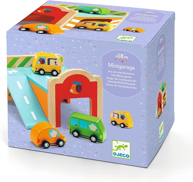 DJECO Early Learning Mini Garage - Cute Vehicle Toys for Toddlers - Fun & Creative Activity for Family & Friends - Wooden Automobile Set for Children 18+ Months Girls & Boys