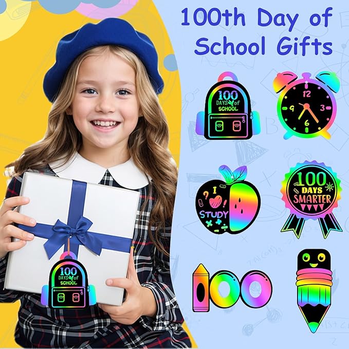 JULMELON 36 PCS 100 Days of School Scratch Art for Kids, Rainbow Magic Scratch Paper 100th Day of School Craft Kit for Kids 100th Day of School Gifts Classroom Activities Project Party Favors