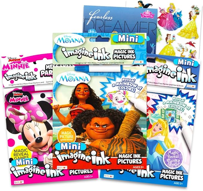 Disney Princess Magic Ink Coloring Book Set - Bundle of 3 Imagine Ink Books for Girls Kids Toddlers Featuring Disney Princess, Moana, and Minnie Mouse with Invisible Ink Pens and Stickers