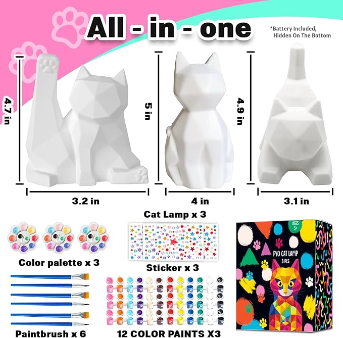 FUNZBO 3Pcs Paint Your Own Cat Lamp Kit - Art & Craft Supplies Kitten Painting Kits, Arts and Crafts for Kids Adults, DIY Night Light Toys Christmas Gift for Girls Boys Ages 3 4 5 6 7 8 9 10 11 12 13+