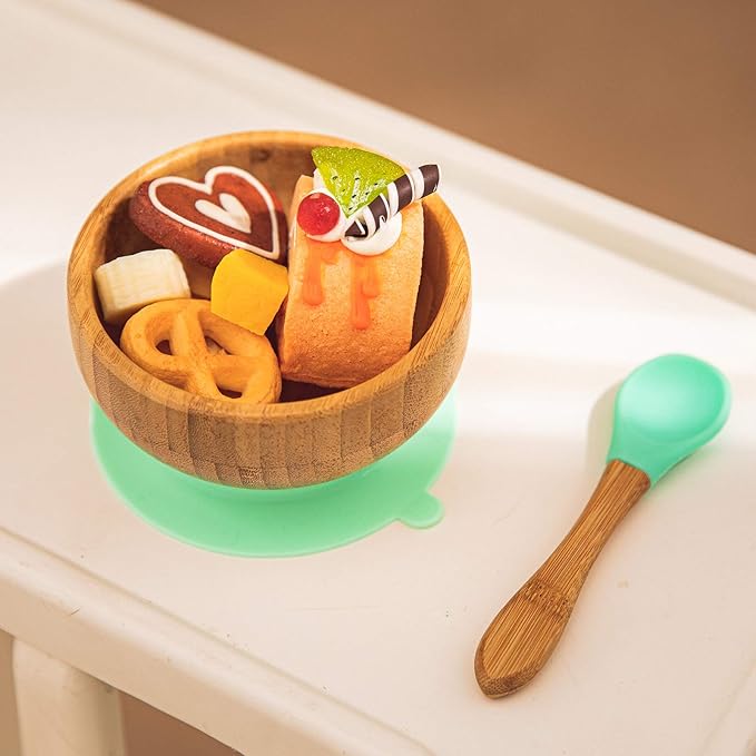 Baby Bowls and Spoons, Baby Bamboo Bowl and Spoon | Silicone Suction | Bamboo Baby Bowls for Baby | Baby Bowls First Stage | Baby Wood Bowls (Cyan-Blue)