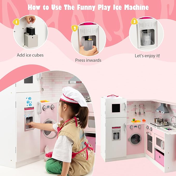 HONEY JOY Pink Corner Kids Kitchen Playset, Wooden Play Kitchen for Toddlers, Washing Machine, Range Hood, Water Dispenser, Cookware, Apron, Little Chef Pretend Toy Kitchen Set w/Lights & Sounds