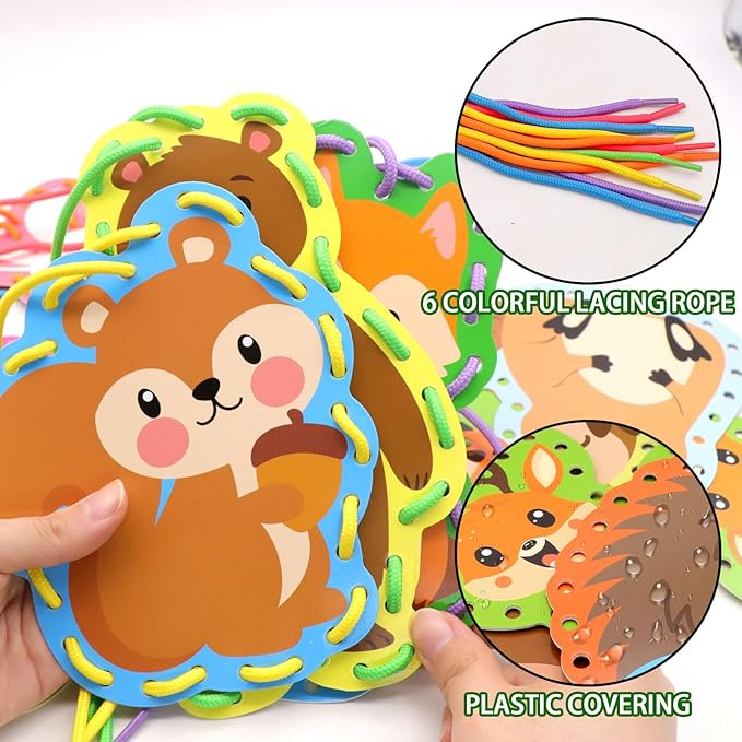 Omlisca Woodland Animals Lacing Cards 12 Pack Forest Animals Sewing Cards Owl Fox Bear Woodland Theme Party Decor Arts and Crafts Gifts for Kids Toddler Preschool Developing Imagination Supplies