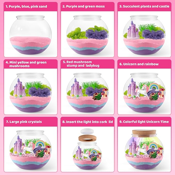 JOYEEMAX Unicorn Light-Up Terrarium Kit for Kids - LED Night Light Birthday Gift for Girls Ages 4 5 6 7 8-12 Year Old - Unicorn Toys for Girls - DIY Arts and Crafts Kit for Kids - Best Girls Presents