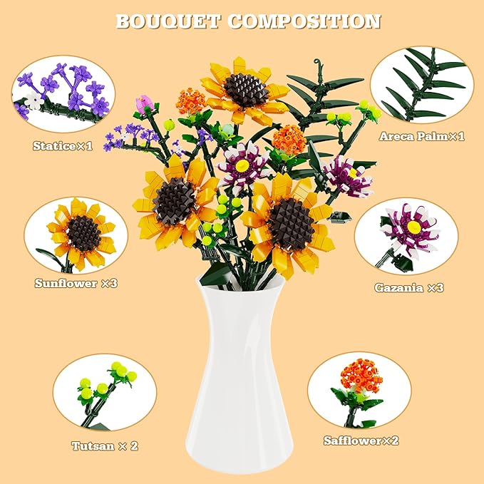 Flower Bouquet Building Set, Sunflower Botanical Collection Blocks Kit Compatible with Lego for Adults Women and Teens Girls 8+ Valentines Day Artificial Flower Decor (1161PCS)