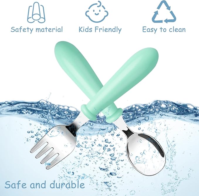 Pimoys 6 Pieces Toddler Utensils Stainless Steel Baby Forks and Spoons Set Kids Silverware Children's Flatware Metal Cutlery Set with Round Handle, 3 x Cute Forks,3 x Children Spoons