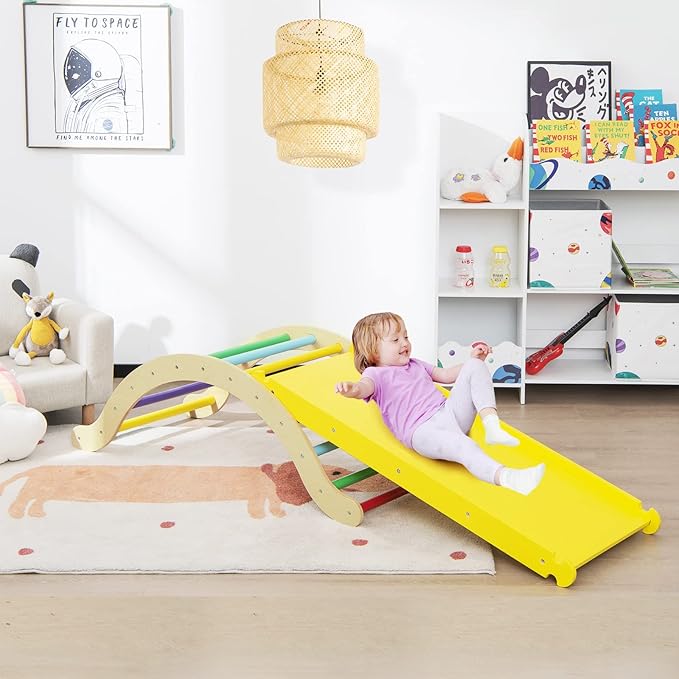 Costzon Climbing Toys for Toddlers, 3-in-1 Montessori Wooden Arch Climber Ladder Structure with Rock Climbing Ramp/Padding, Indoor Gym Learning Playset, Playground for Kids Gift (Rainbow)