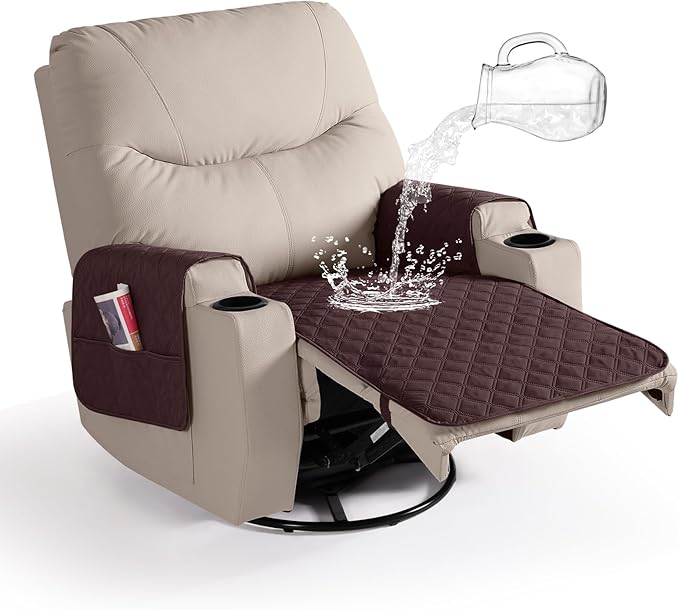 Ruaozz 100% Waterproof Recliner Chair Covers Non Slip Chair Covers Washable Recliner Covers for Reclining Chair with Pockets Covers for Recliner Chair for Pets, Kids (Coffee, Medium-25'')
