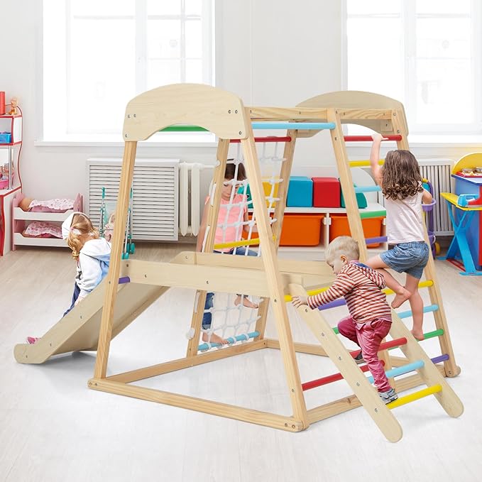 Costzon Indoor Jungle Gym, 6-in-1 Montessori Climbing Toys for Toddlers with Slide, Climbing Net, Monkey Bars, Wooden Playground Climber Playset for Kids Gifts Presents