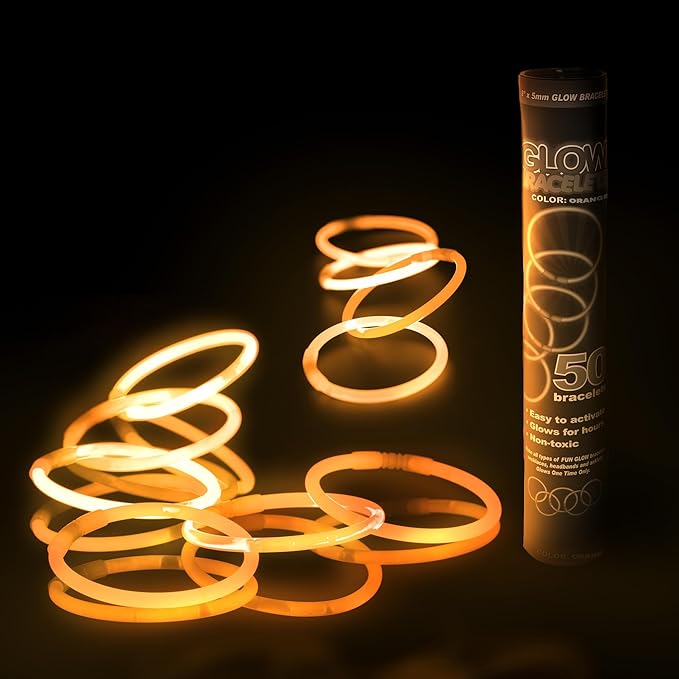 8" Glow Stick Bracelets - Bulk 50 Pack for Mardi Gras, St. Patrick's Day, and Nighttime Celebrations - Orange
