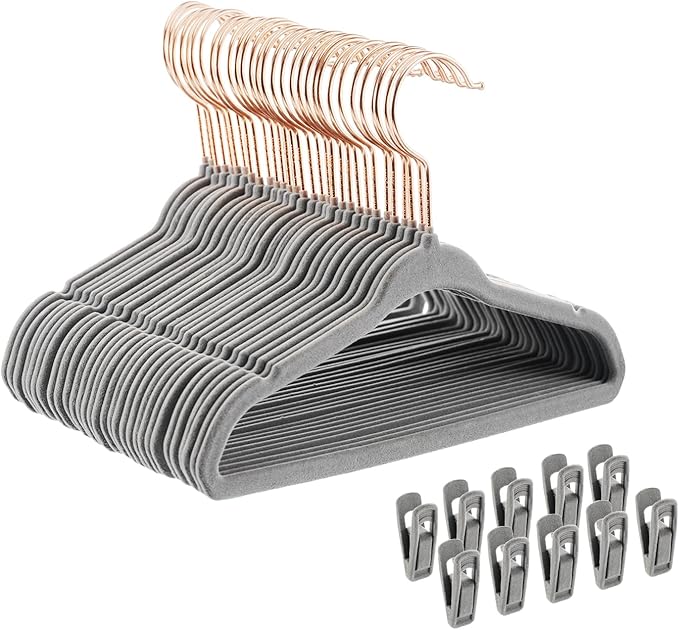 Baby Velvet Hangers 30Pack - 11 Inch Non-Slip Kids Hangers for Clothes - Small Toddler Child Hangers Durable for Every Use - 10 Hanger Clips Included, Gray