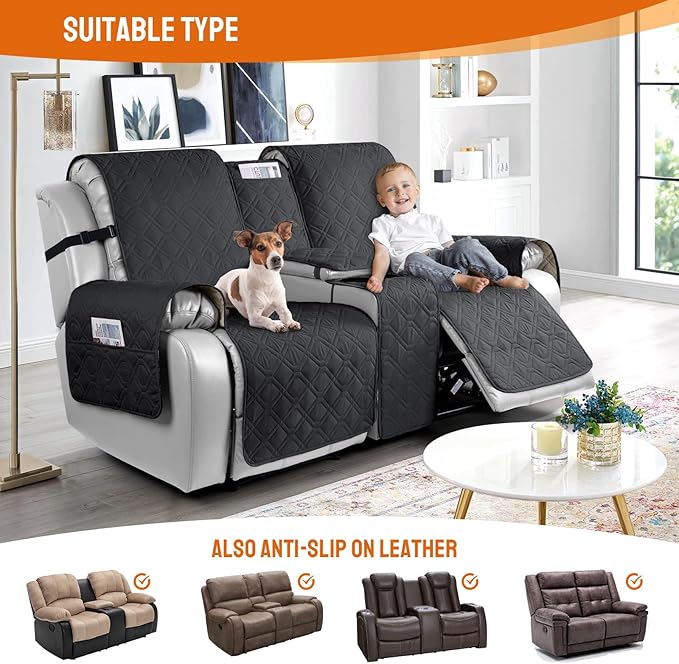 VANSOFY Loveseat Recliner Cover with Console 100% Waterproof Sofa Slipcovers Non-Slip Reclining Couch Cover Split Sofa Covers Furniture Protector for Pets, Dogs(Black)