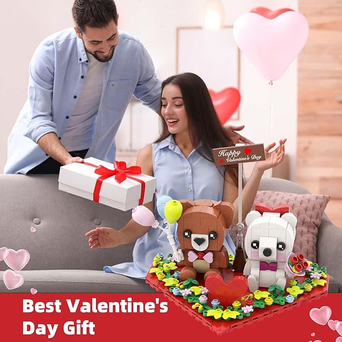 BlockPro Valentine's Day Brown and White Bear Building Set with Rose Bouquet, Love Heart Frame Ornament Building Blocks Set, Valentine's Day Gift for Adults Kids (400PCS)