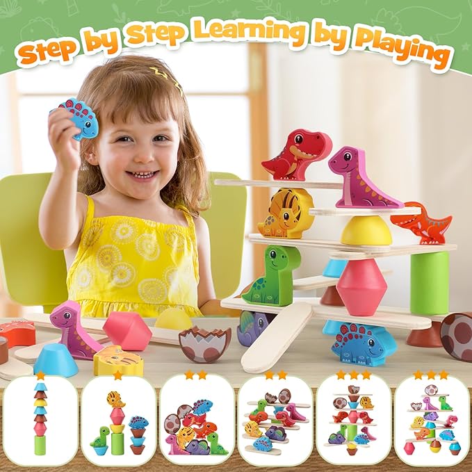 Montessori Dinosaur Toys for 1 2 3 4 Year Old Toddlers, Early Education Toys for Ages 2-4 Boys Girls Kids, Wooden Dinosaur Blocks Sorting & Stacking & Balance Toys, Ideal Preschool Birthday Gift