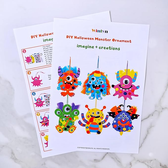 Winlyn 24 Sets Halloween Craft Kits Fall Kids Crafts DIY Monster Ornaments Decorations Art Sets Foam Halloween Monster Stickers Googly Eyes for Kids Autumn Halloween Classroom Party Activities