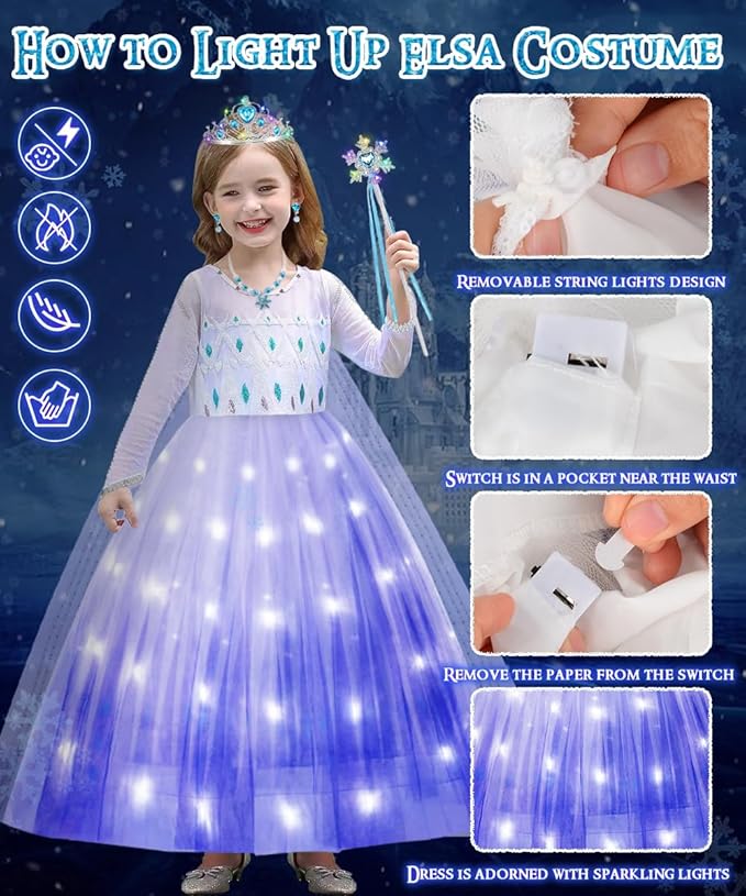 TOLOYE Princess Dresses for Girls, Light Up Elsa Anna Frozen Dress Up with Accessories for Birthday Halloween Carnival
