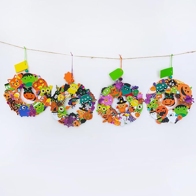 Winlyn 12-Pack Halloween Craft Kits Fall Crafts DIY Halloween Wreath Ornaments Decorations Art Sets Halloween Foam Stickers Arts and Crafts for Kids Classroom Party Activities Holiday Festive Projects
