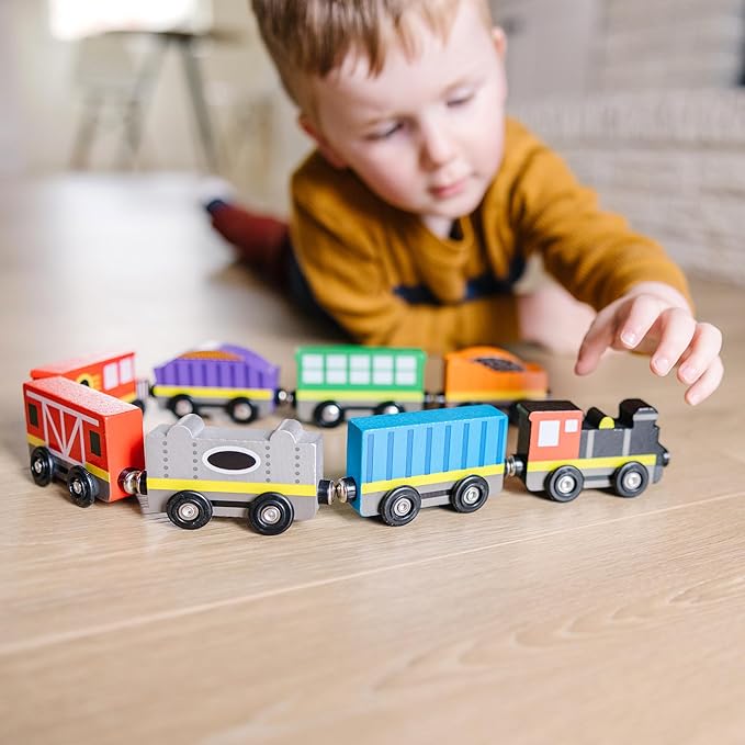 Melissa & Doug Wooden Magnetic Train Cars - 8 Piece Educational and Skill-Building Wooden Toy for Boys and Girls Magnetic Train, For Toddlers And Kids Ages 3+