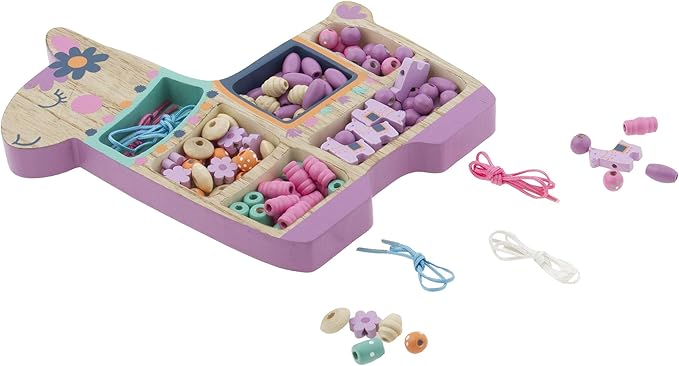 Stephen Joseph, Wooden Bead Kit for Kids, 125 Wooden Beads with 4 Necklace and 4 Bracelet Cords with Reusable Wooden Tray, Premium Wood Jewelry Making Kit for Kids, Llama