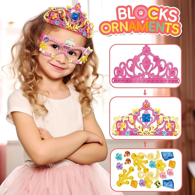Building Blocks Toys Set for Kids Creative DIY Stacking STEM Educational Toys Fun Preschool Building Toy Includes Necklaces, Bracelets, Rings, Crown, Glasses, Hairpins, Wand