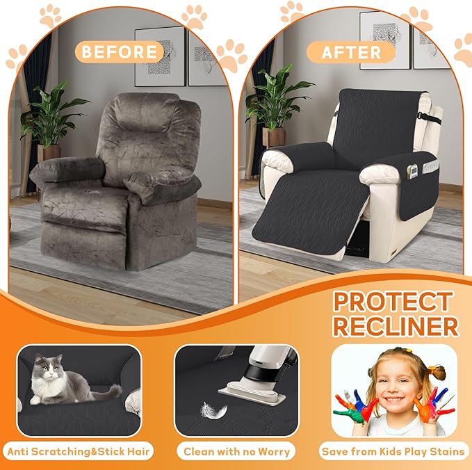 XINEAGE 100% Waterproof Recliner Chair Covers with Elastic Straps, Nonslip Reclining Couch Covers Washable Recliner Couch Cover with Pockets Furniture Protector for Pets Dogs (Black, 25")