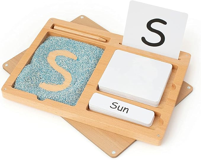 Montessori Sand Tray for Kids 3 4 5 6 Years Old Sand Writing Tray Learning Sensory Toy Educational Alphabet and Phonic Words Comes with Sand, Tray, Lid, 2 Sets of Flashcards, Stylus (Charcoal)
